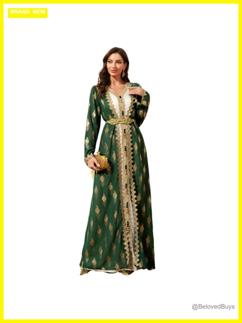 Gold Embroidered Lace Kaftan Abaya Maxi Dress Long Sleeve Modest Formal